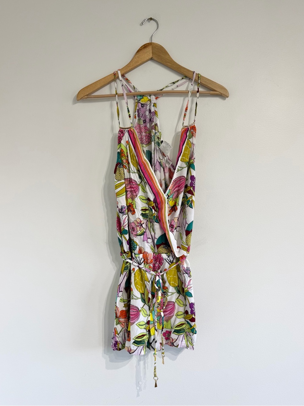 Trina Turk Key West Botanical Floral Print Sleeveless Wrap Romper Swim cover